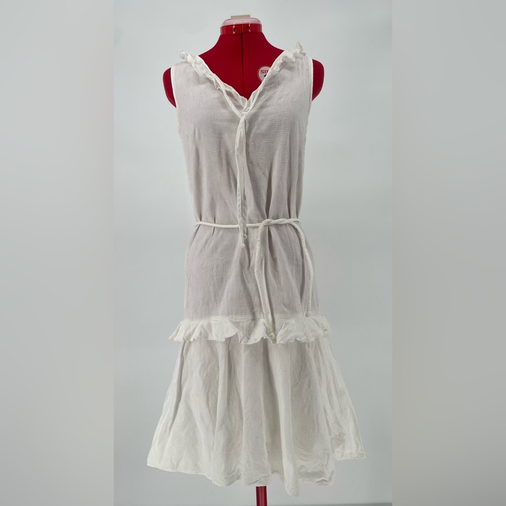 Vintage Crisp White Drop Waist Midi Dress With Neckline Ties & Tie Belt - Picture 2 of 15